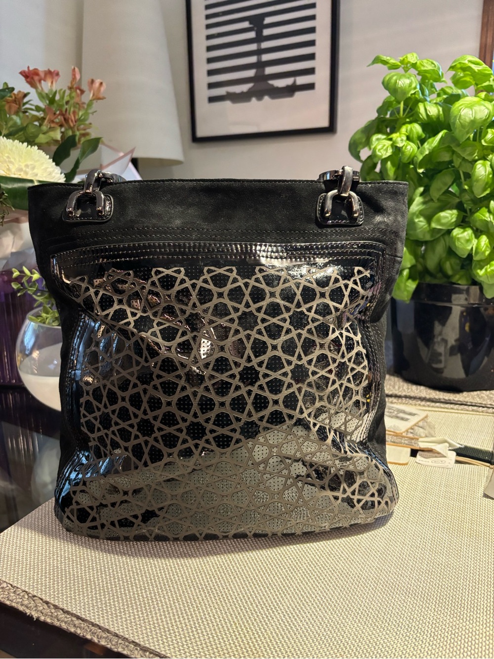 Black Metallic Patterned Tote Bag with Geometric Overlay